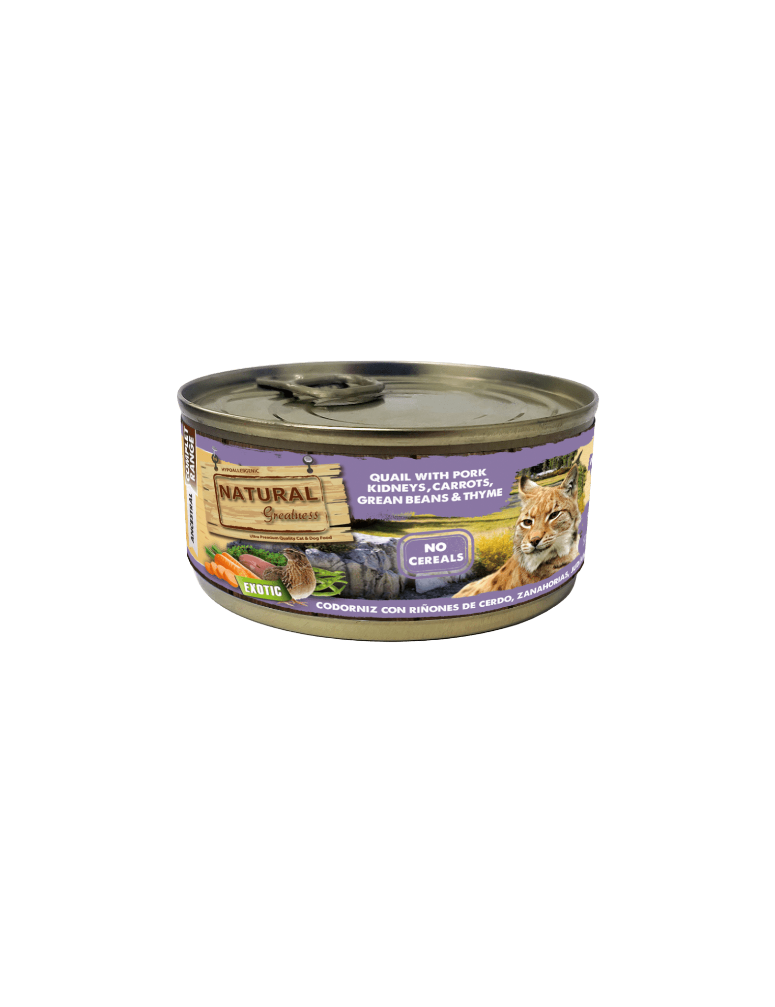 N. Greatness Gato lata Codorniz con riñones de cerdo, zanahoria, judías y tomillo 185 gr.