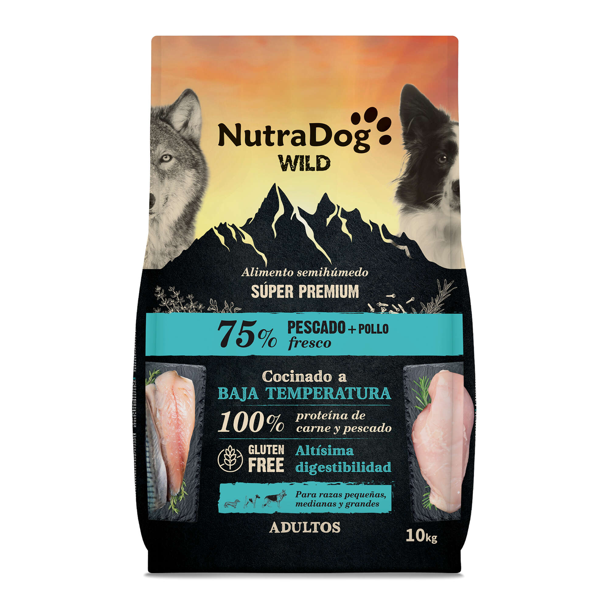 NutraDog WILD semihúmedo para perros adultos pescado y pollo 75%