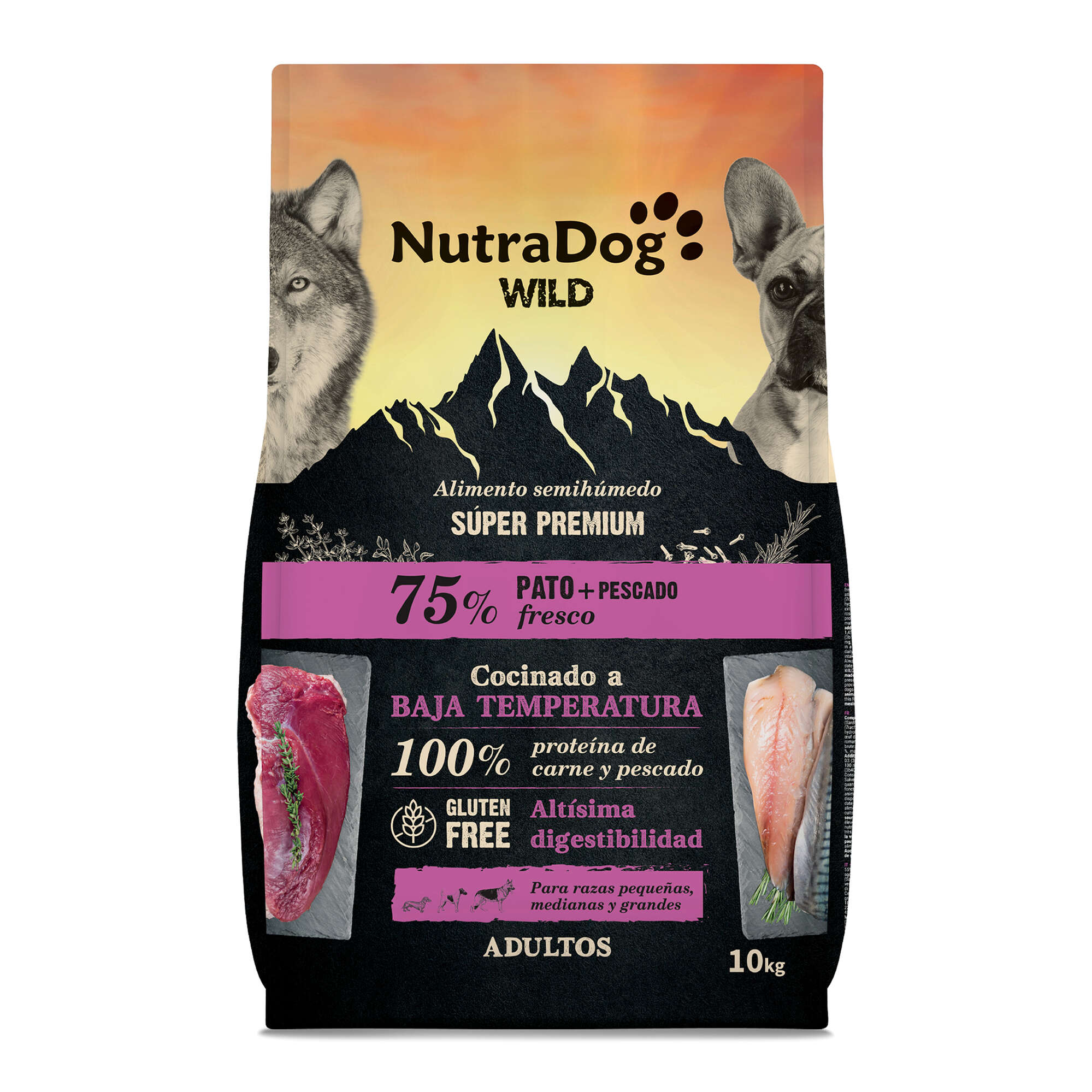 NutraDog WILD semihúmedo para perros adultos pato y pescado 75%