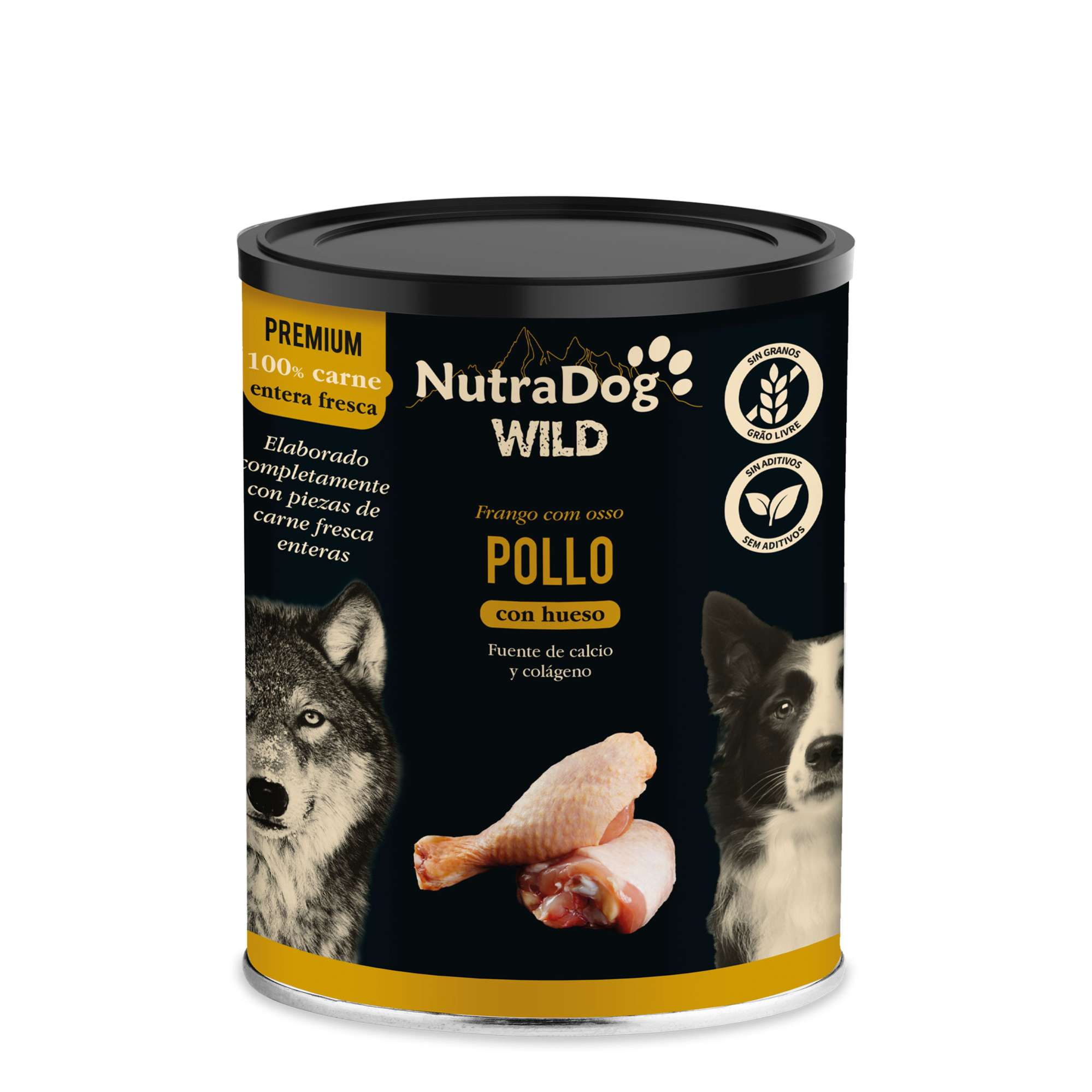 Lata NutraDog WILD PREMIUM de pollo con hueso para perros